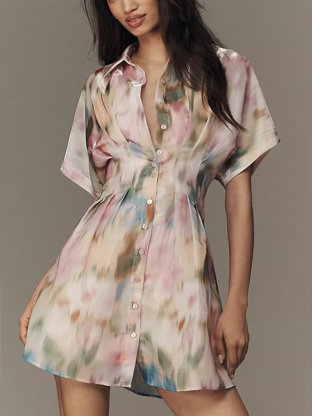 Anthropologie EXQUISE THE TOBIE ORGANZA MINI SHIRT DRESS Shimmery Watercolor NEW